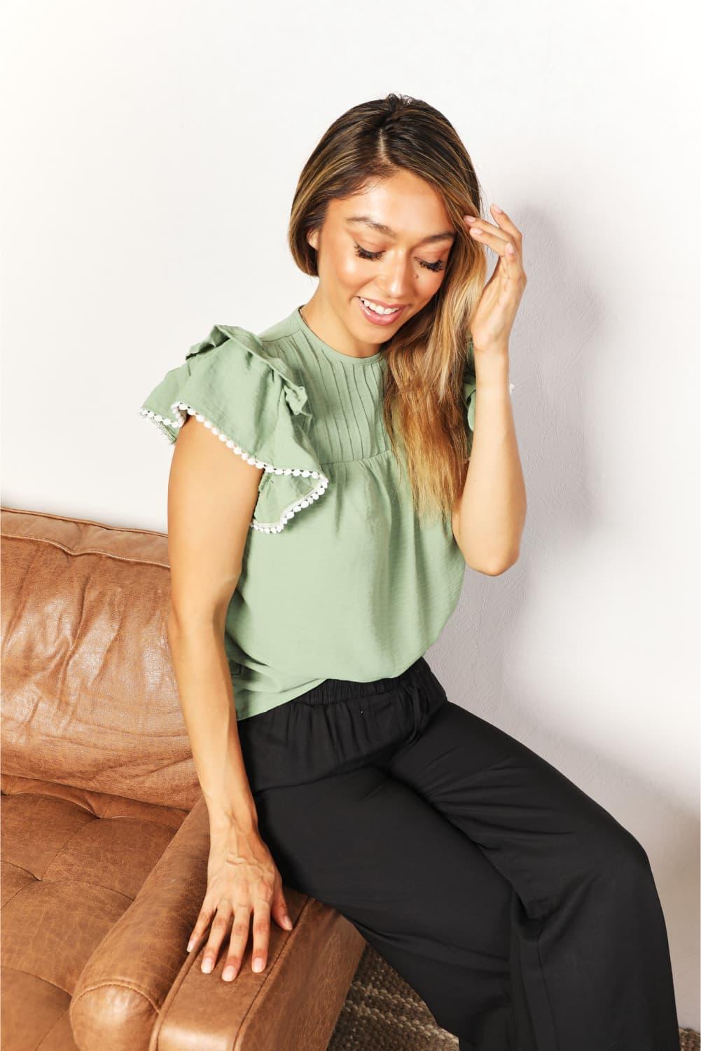 Pleated Detail Flutter Sleeve Blouse - Immenzive