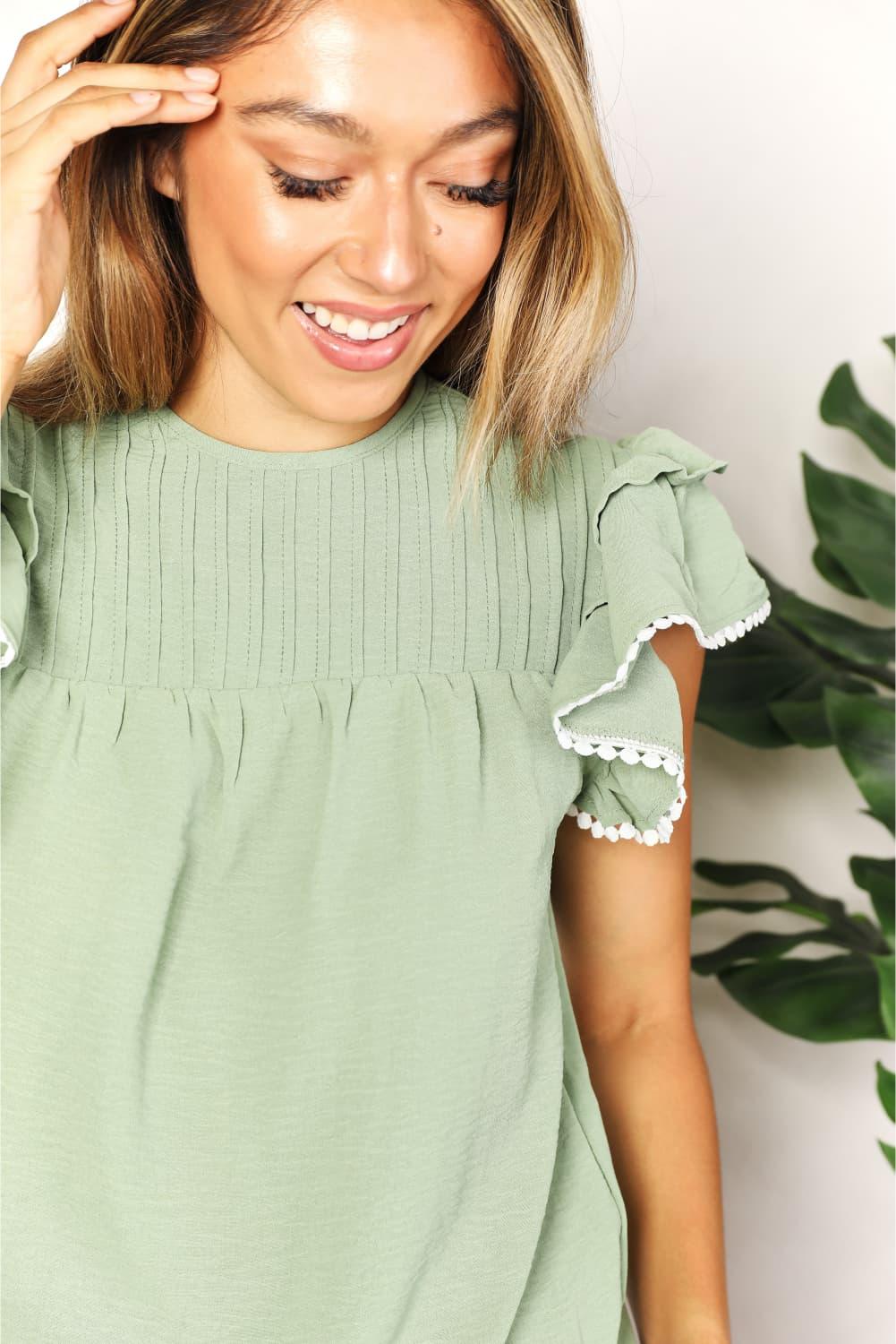 Pleated Detail Flutter Sleeve Blouse - Immenzive