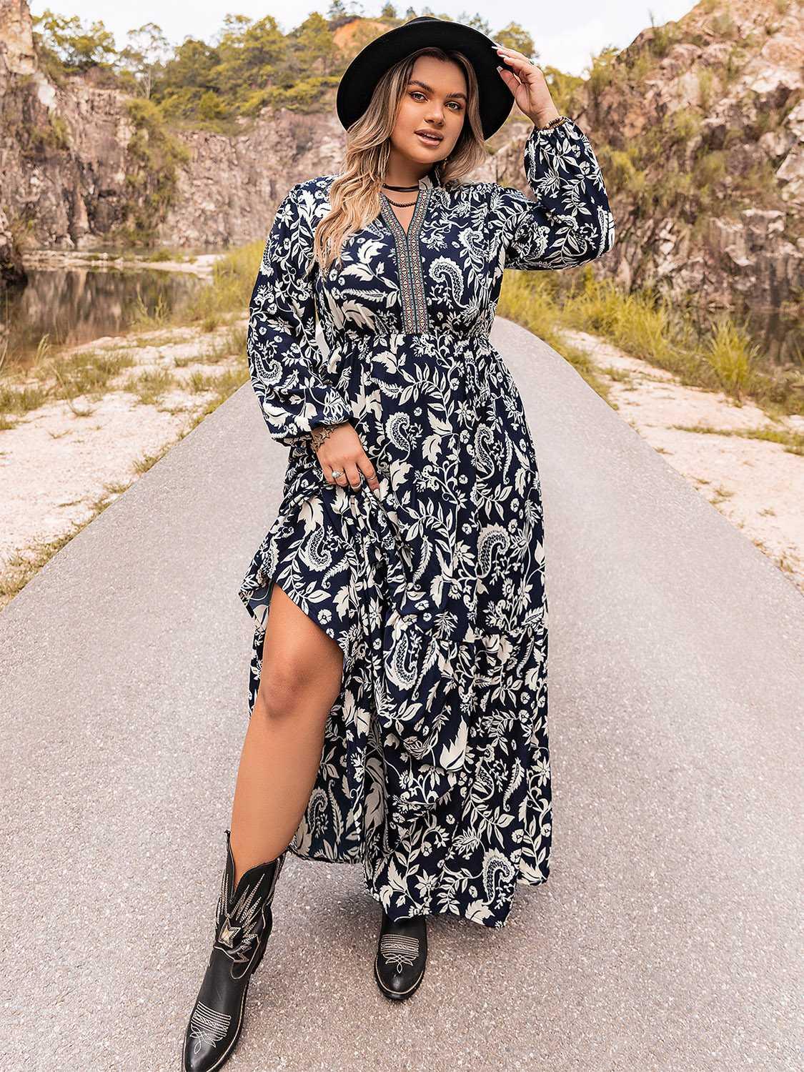 Plus Size Long Sleeve Maxi Dress - Immenzive