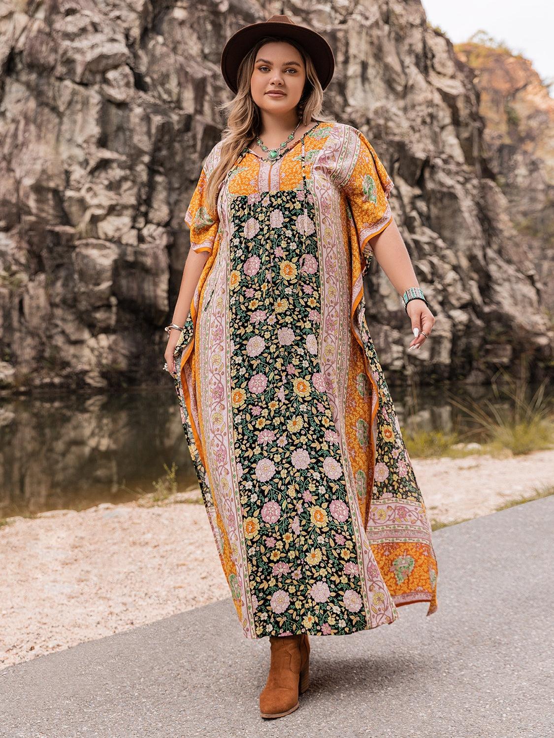 Plus Size Tie Neck Maxi Dress - Immenzive