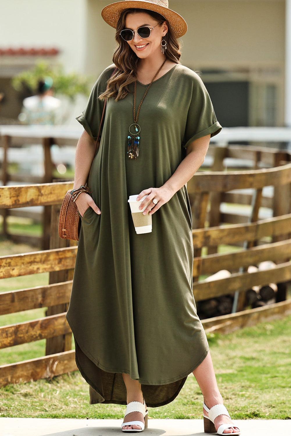 Plus Size V-Neck Short Sleeve Maxi Dress - Immenzive