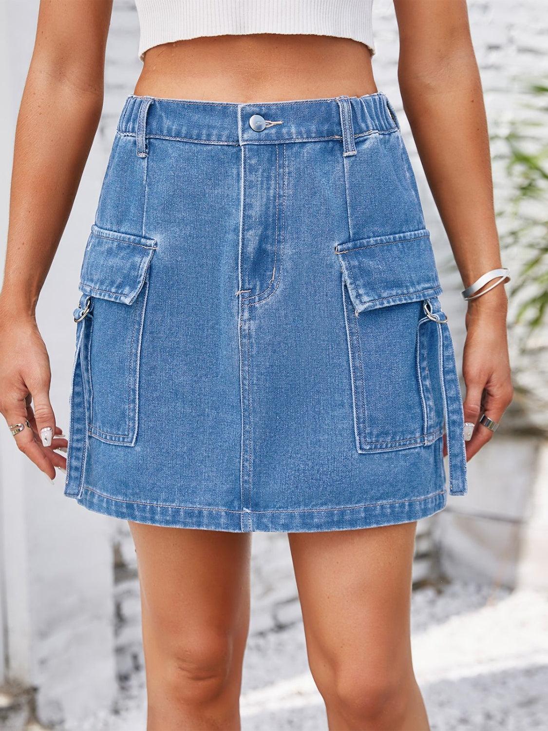 Pocketed Buttoned Denim Skirt - Immenzive