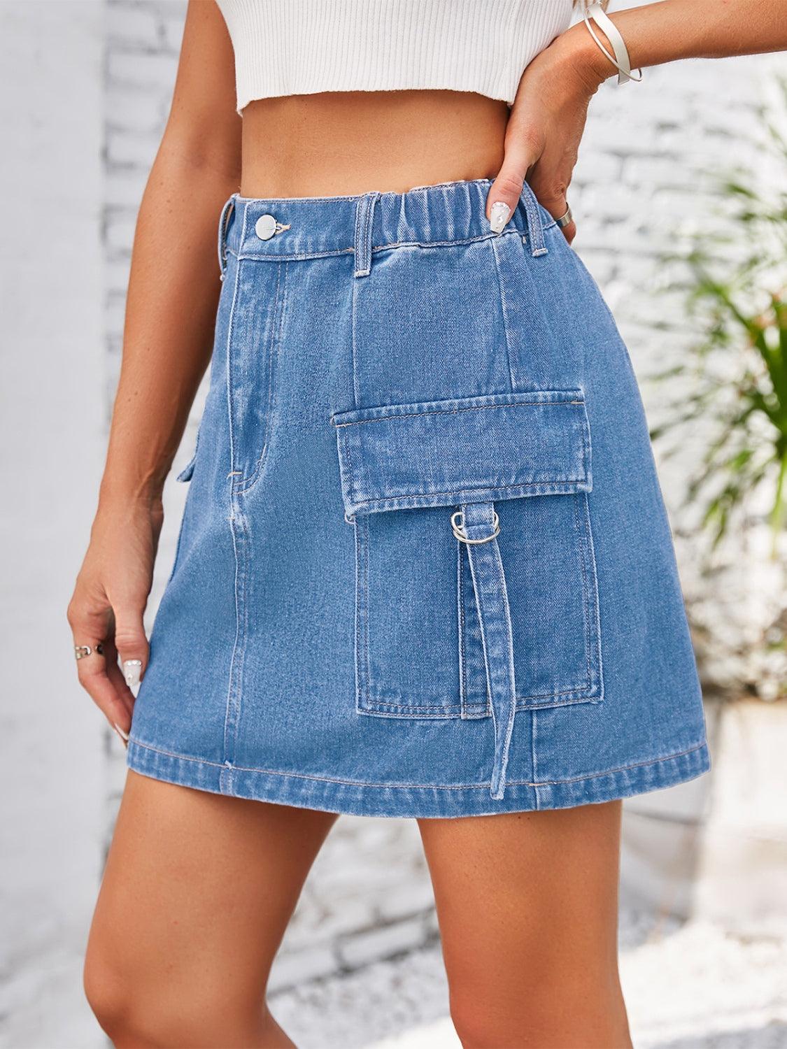 Pocketed Buttoned Denim Skirt - Immenzive