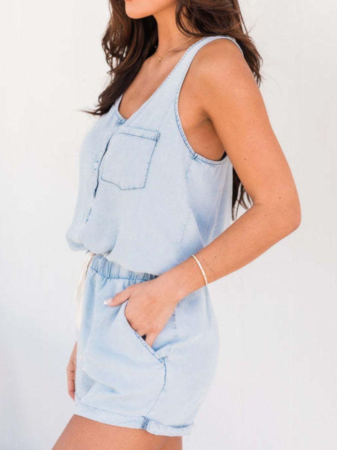 Pocketed Half Button Sleeveless Denim Romper - Immenzive