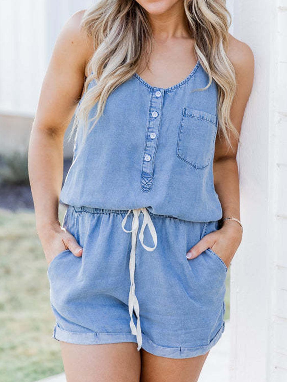 Pocketed Half Button Sleeveless Denim Romper - Immenzive