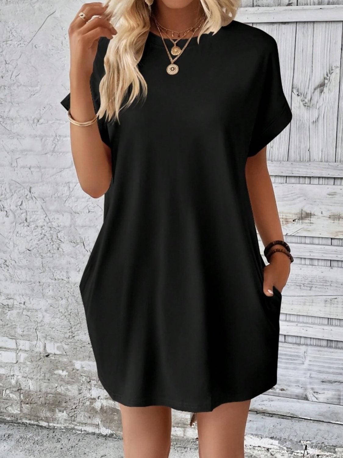 Pocketed Round Neck Short Sleeve Dress - Immenzive