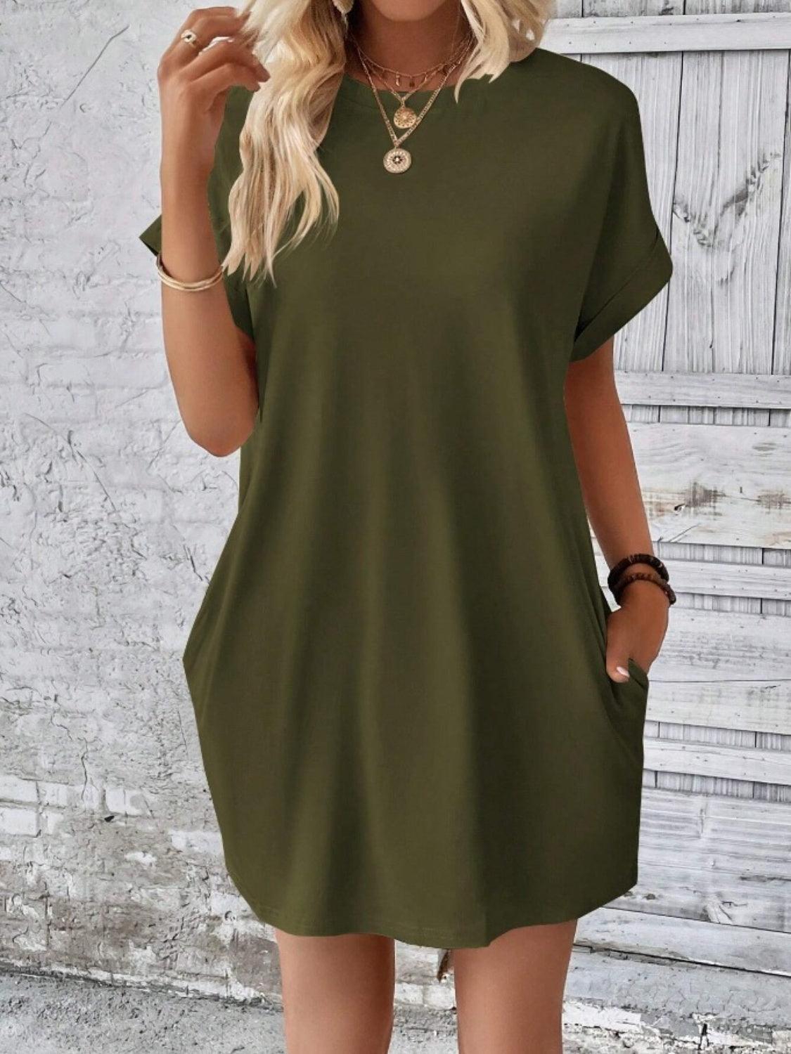 Pocketed Round Neck Short Sleeve Dress - Immenzive