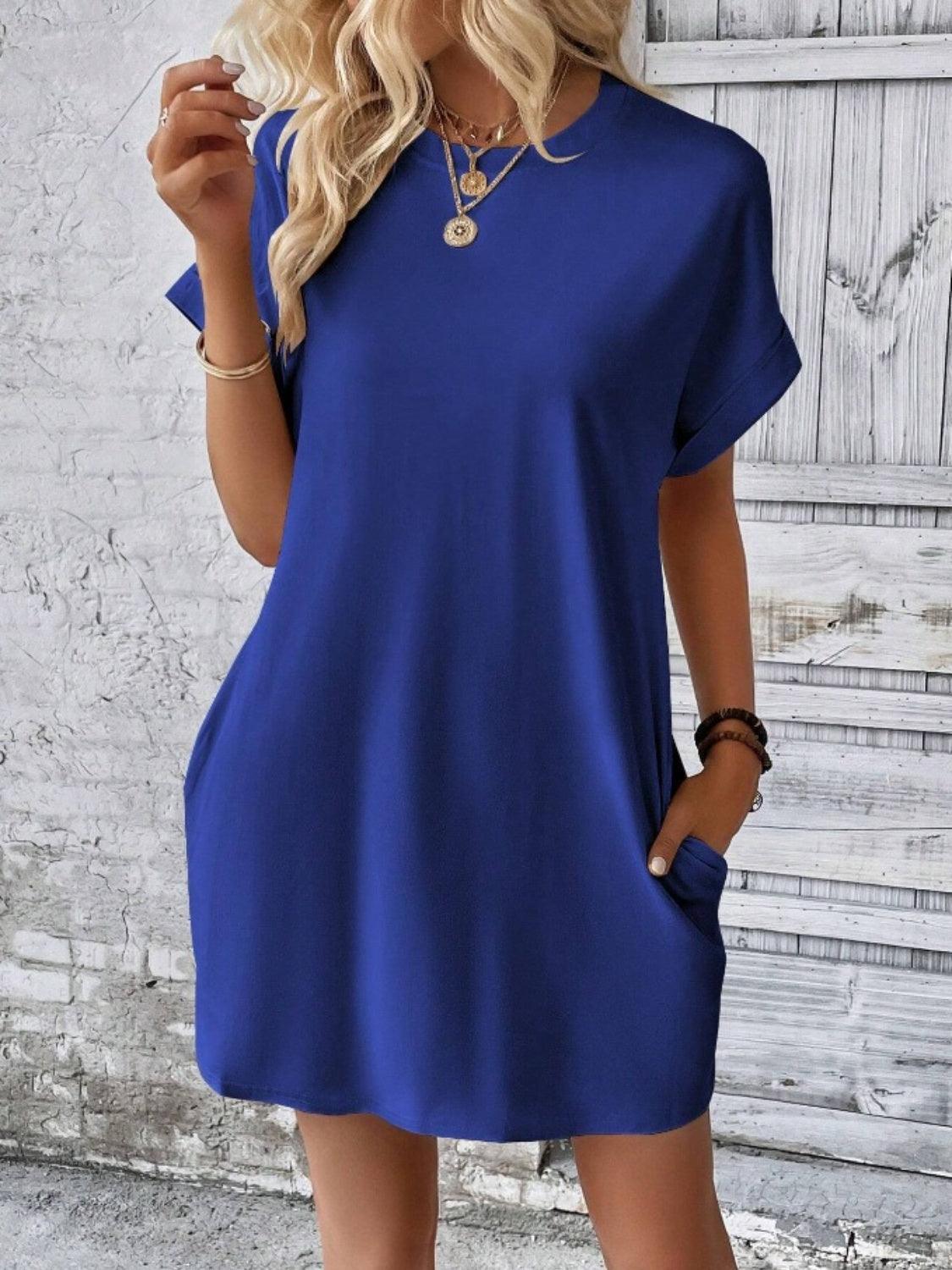 Pocketed Round Neck Short Sleeve Dress - Immenzive