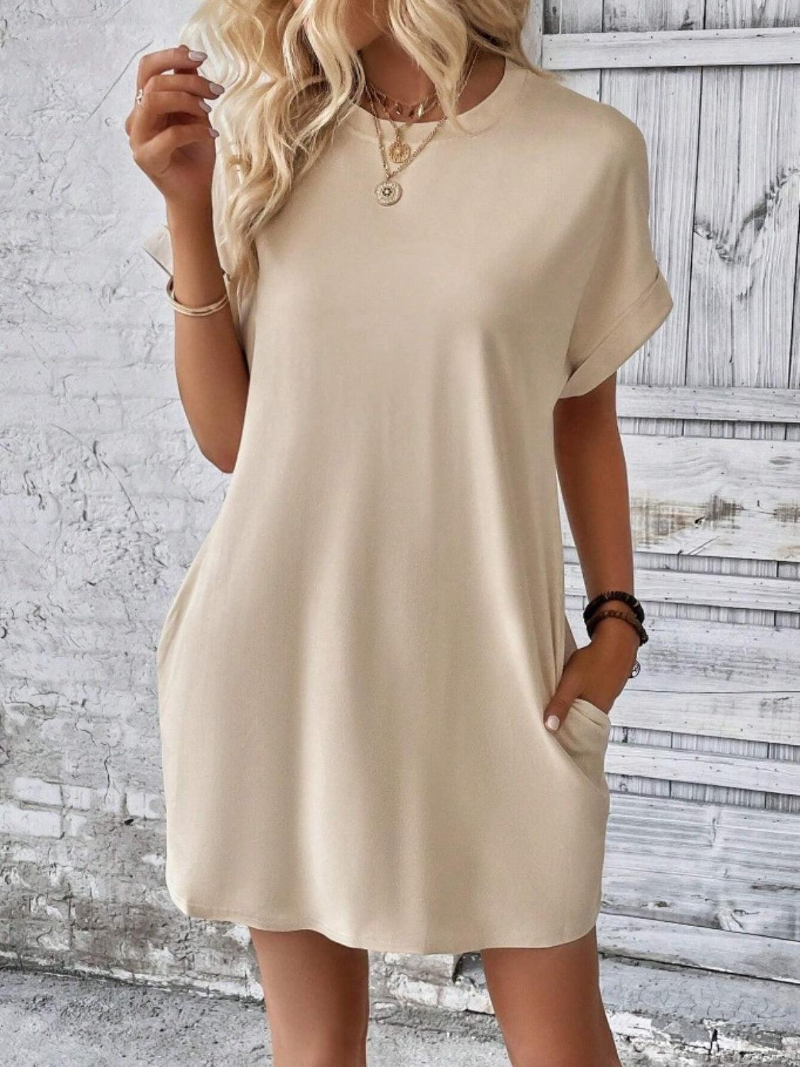 Pocketed Round Neck Short Sleeve Dress - Immenzive