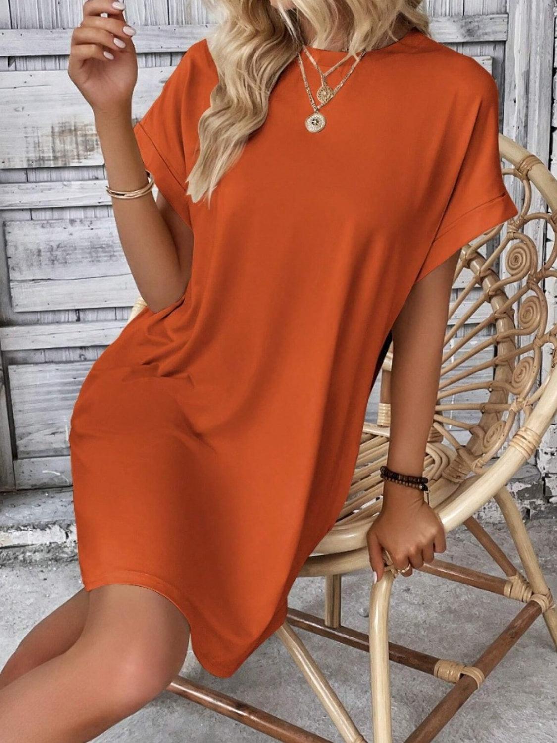 Pocketed Round Neck Short Sleeve Dress - Immenzive