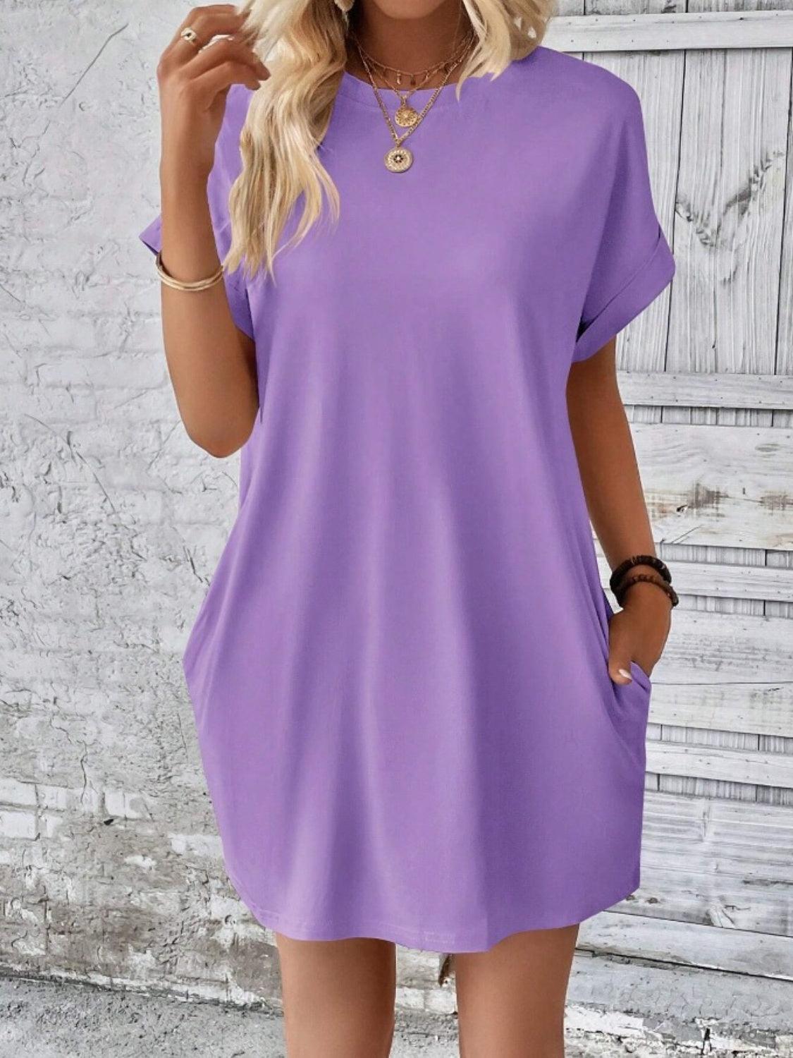 Pocketed Round Neck Short Sleeve Dress - Immenzive