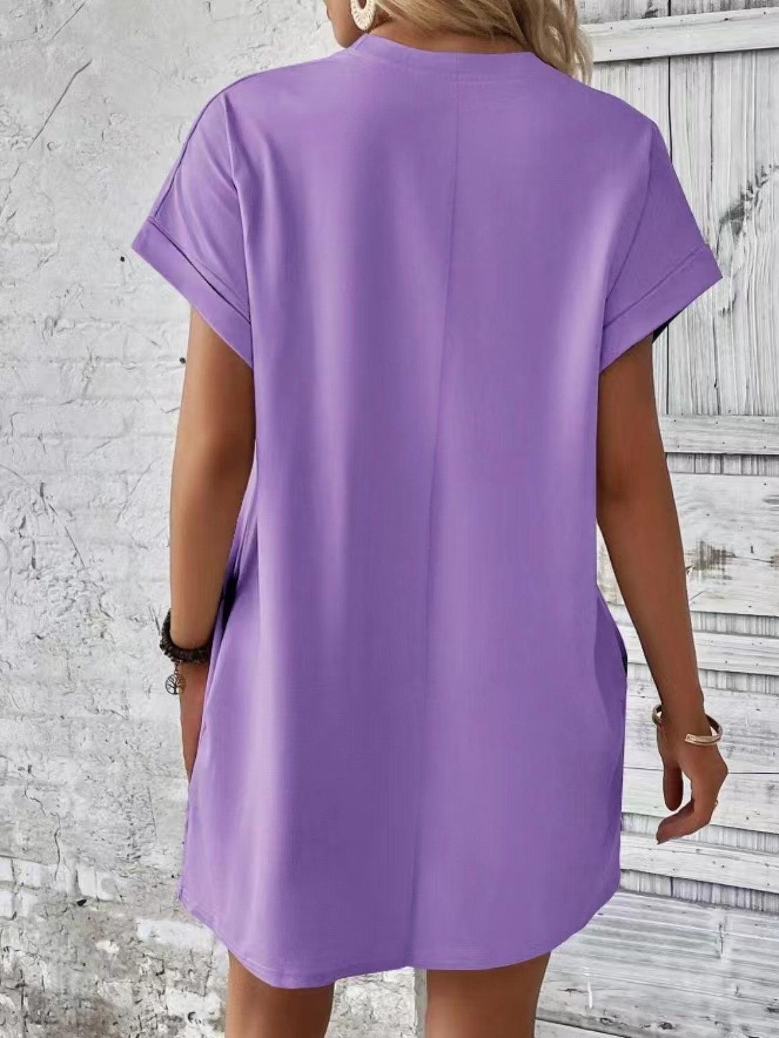 Pocketed Round Neck Short Sleeve Dress - Immenzive