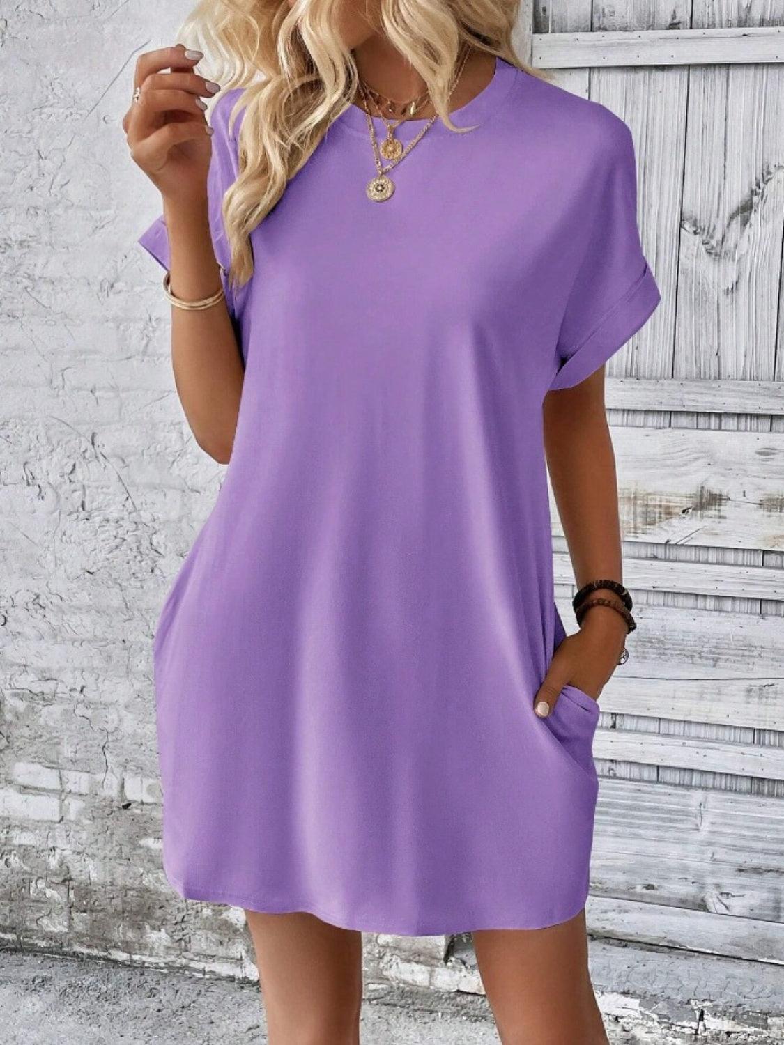 Pocketed Round Neck Short Sleeve Dress - Immenzive