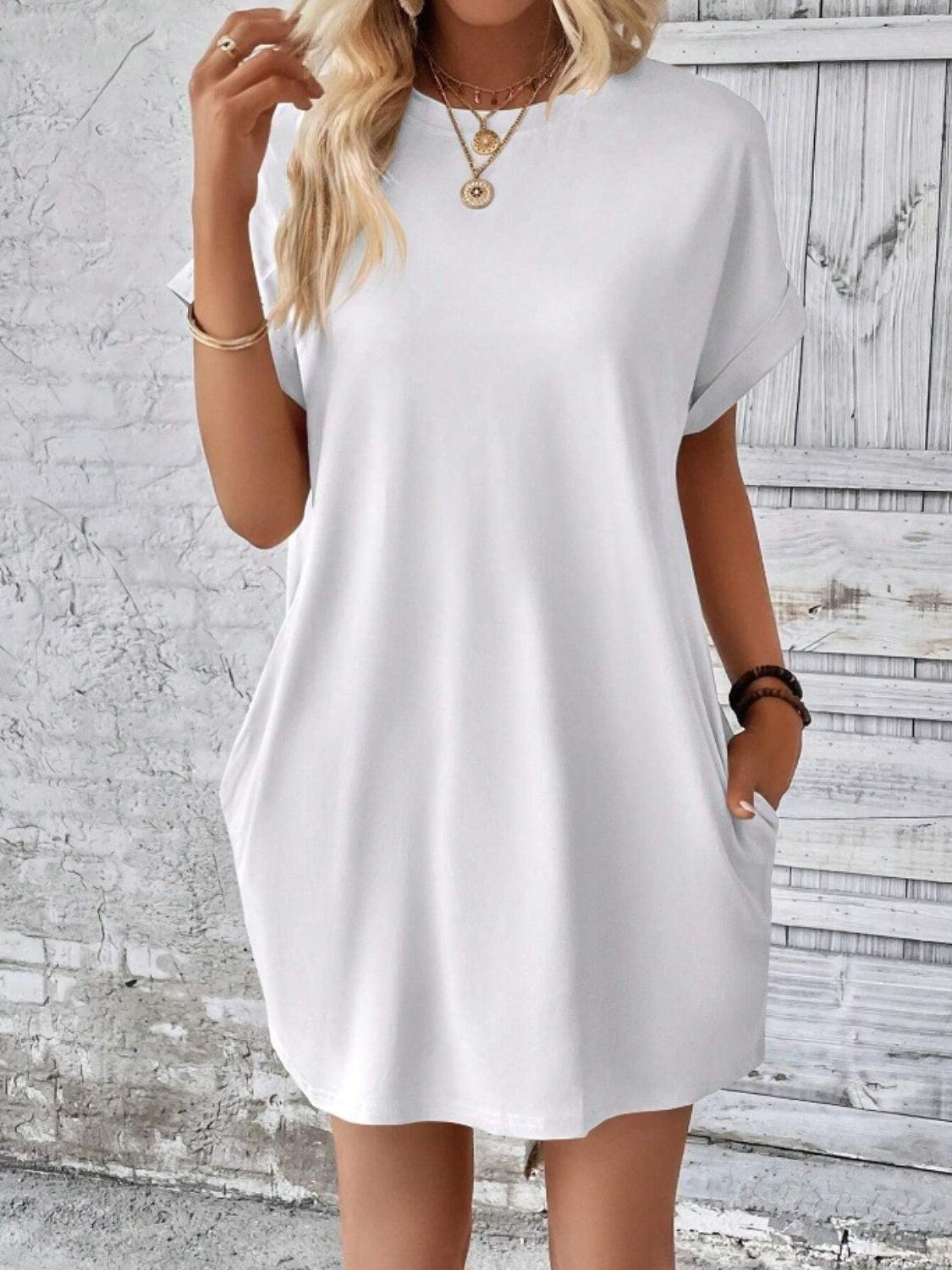 Pocketed Round Neck Short Sleeve Dress - Immenzive