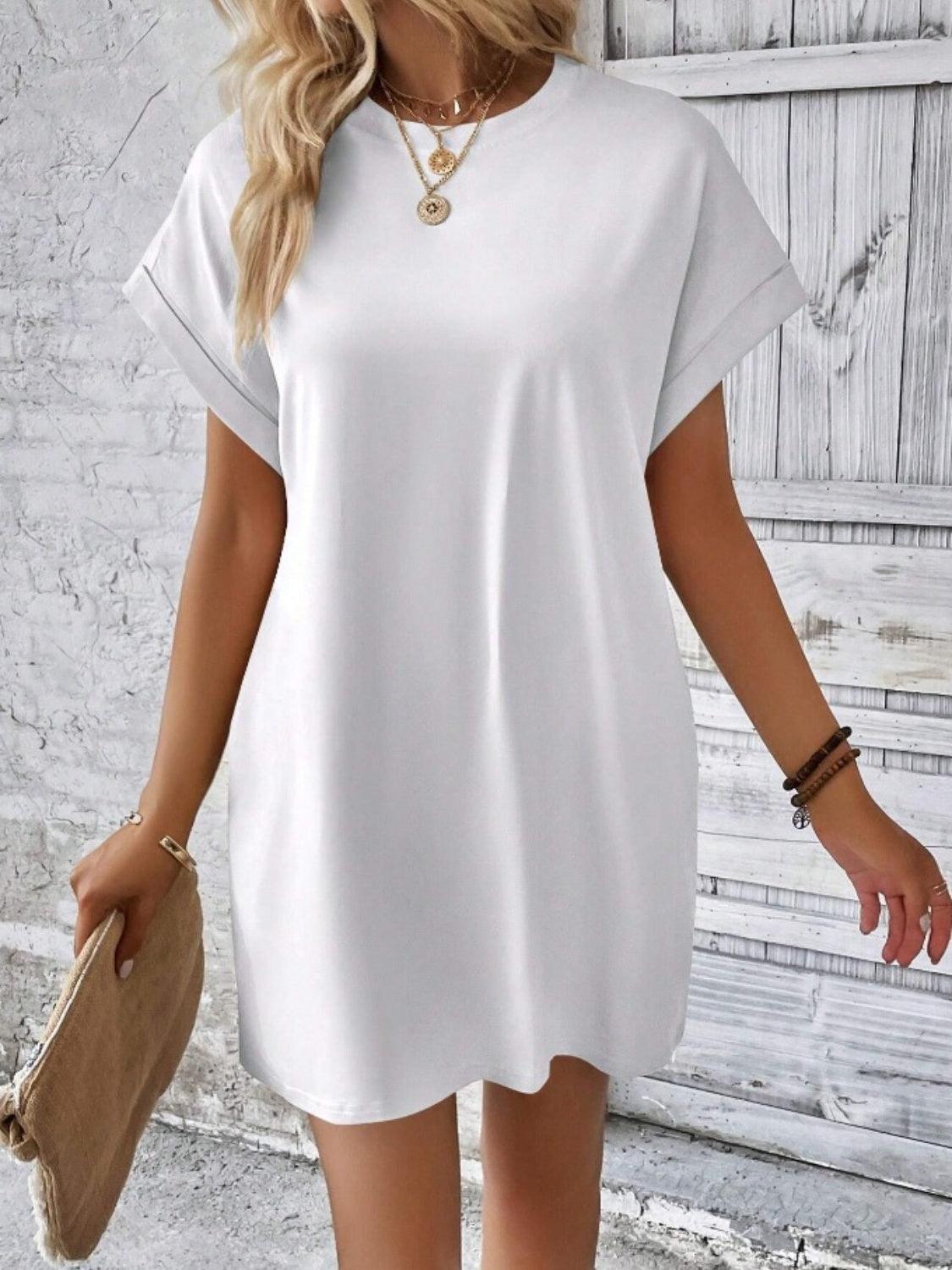 Pocketed Round Neck Short Sleeve Dress - Immenzive