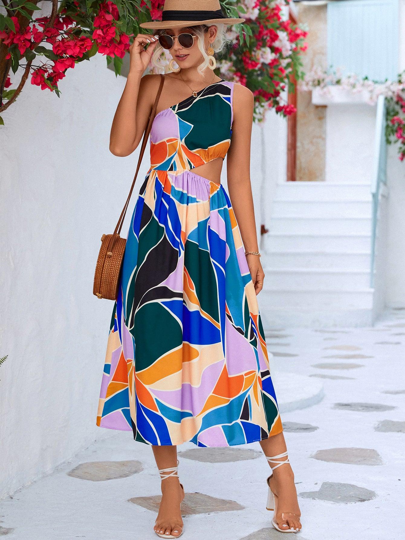 printed-cutout-one-shoulder-sleeveless-dress - Immenzive