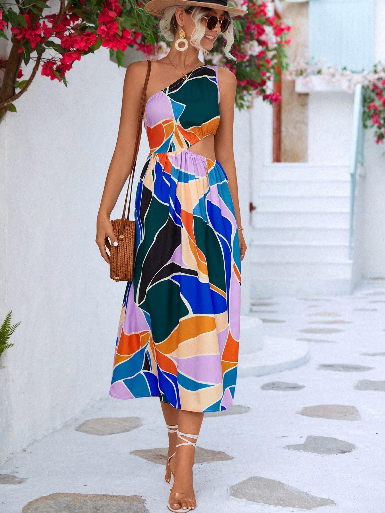 printed-cutout-one-shoulder-sleeveless-dress - Immenzive