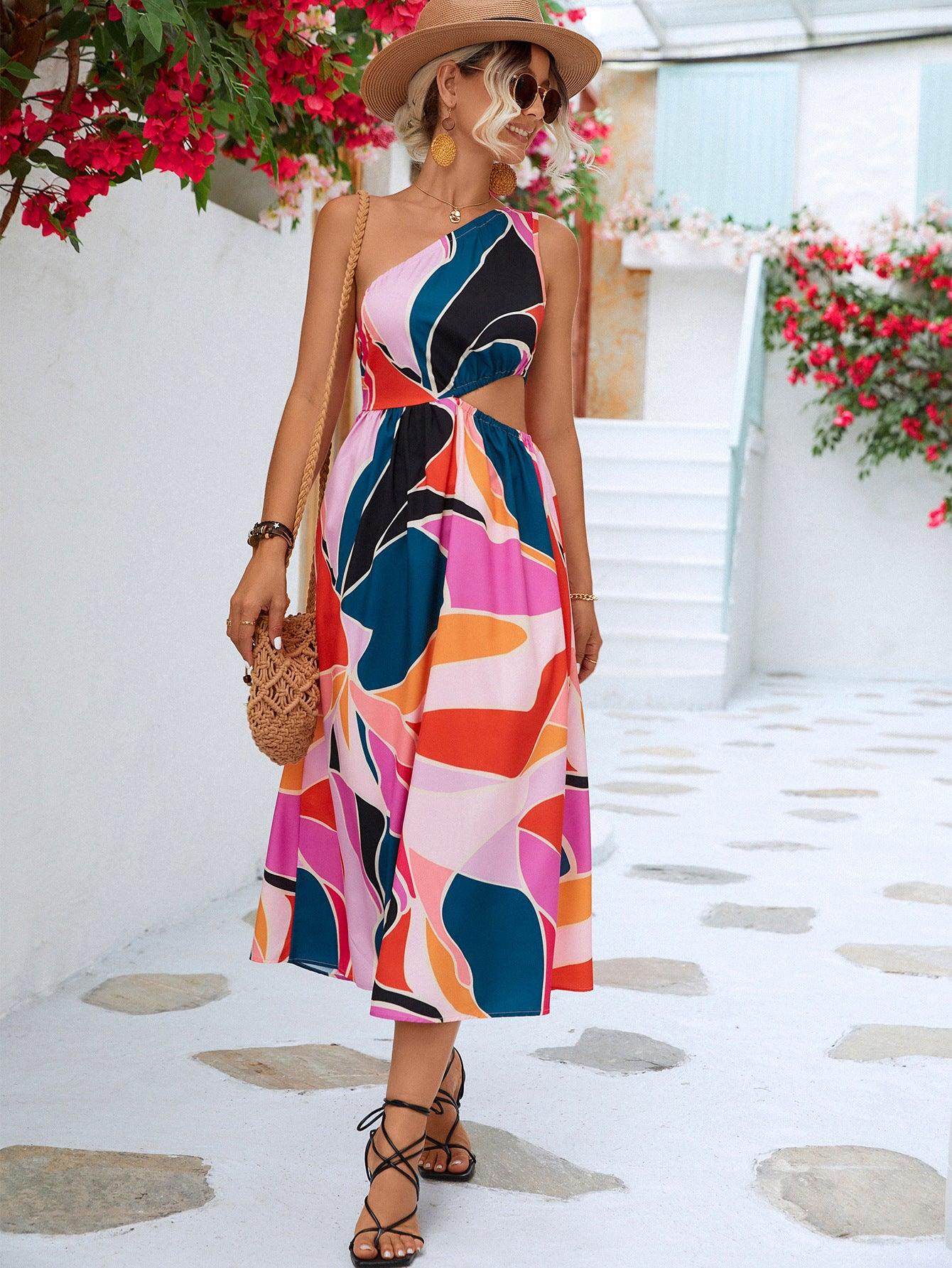 printed-cutout-one-shoulder-sleeveless-dress - Immenzive