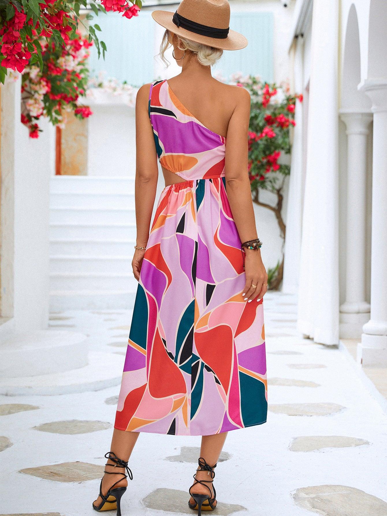 printed-cutout-one-shoulder-sleeveless-dress - Immenzive