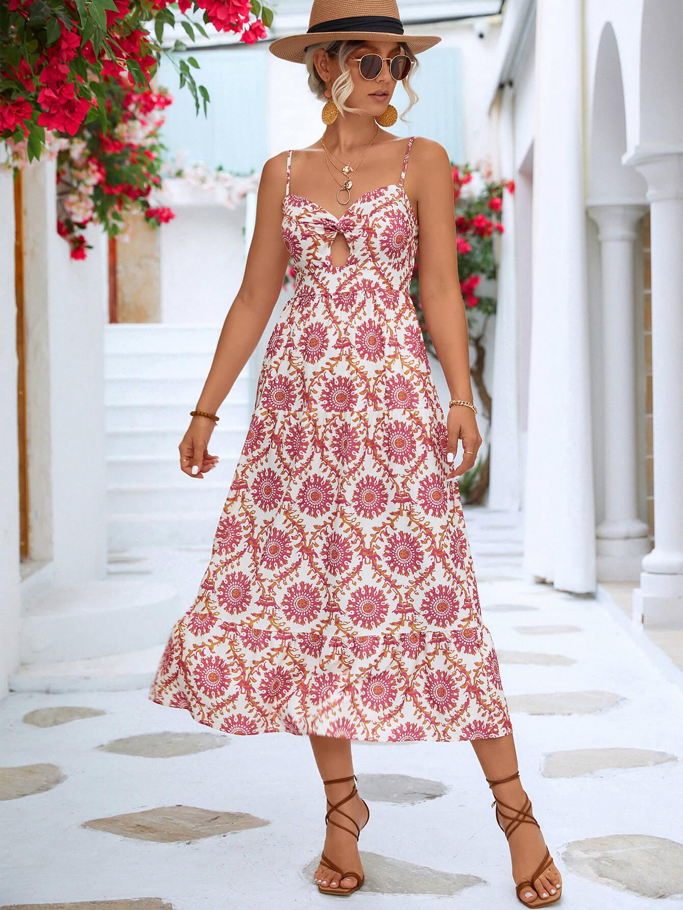 Printed Cutout Spaghetti Strap Midi Dress - Immenzive