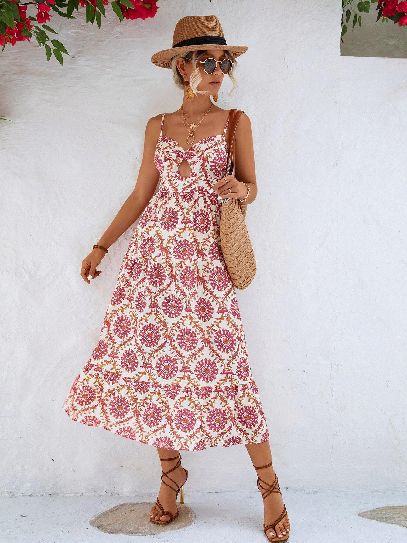 Printed Cutout Spaghetti Strap Midi Dress - Immenzive