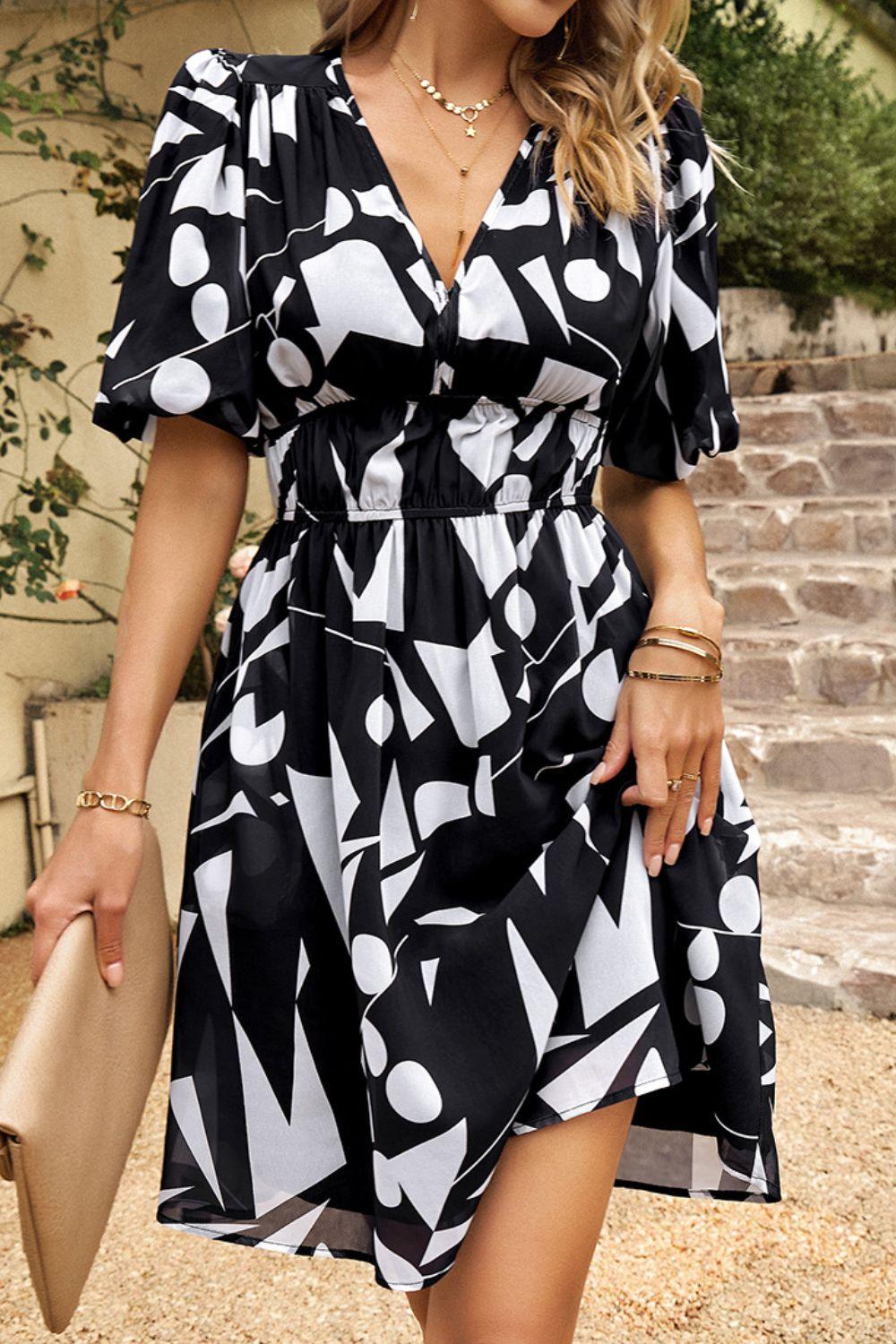 Printed Deep V Puff Sleeve Dress - Immenzive