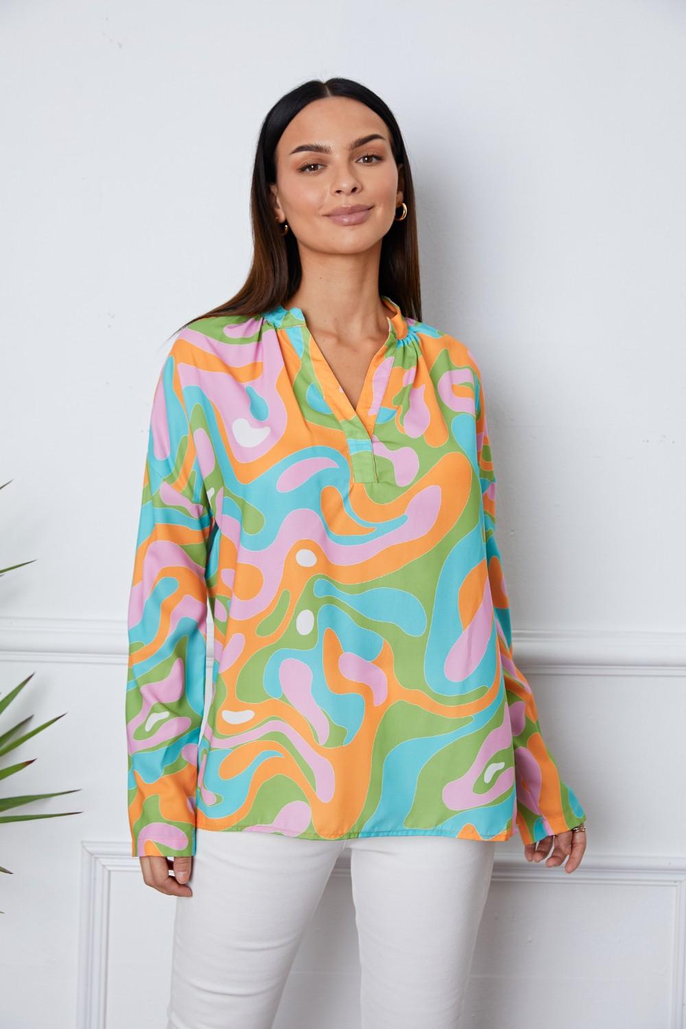 Printed Notched Long Sleeve Blouse - Immenzive