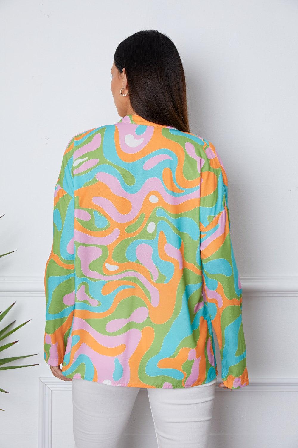 Printed Notched Long Sleeve Blouse - Immenzive