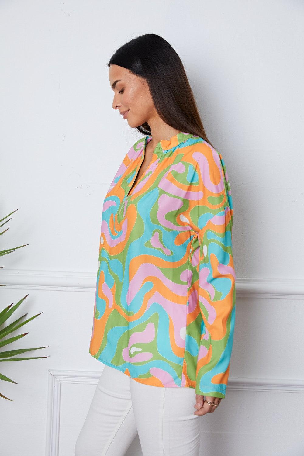 Printed Notched Long Sleeve Blouse - Immenzive