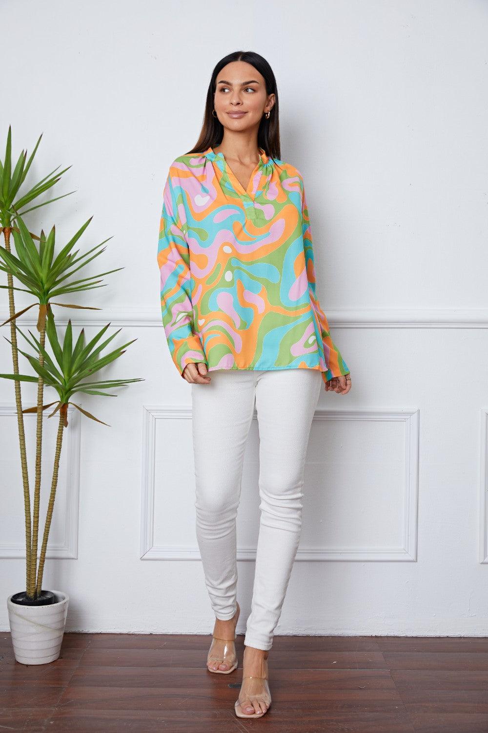 Printed Notched Long Sleeve Blouse - Immenzive