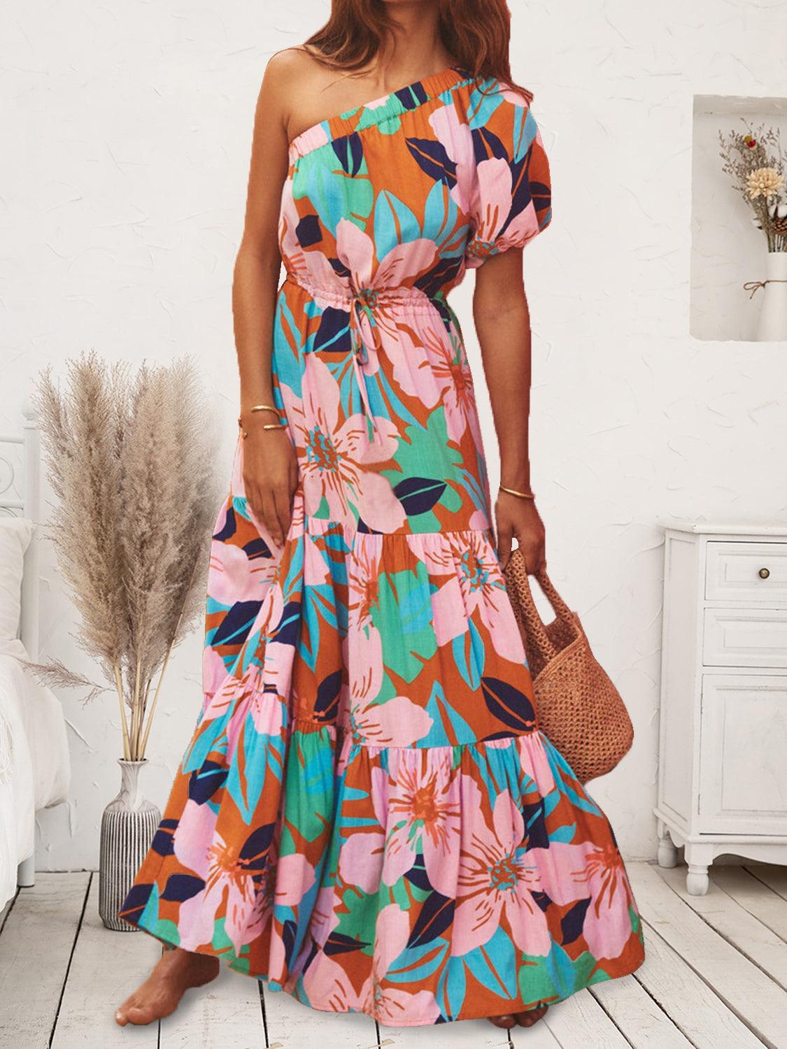 Printed One Shoulder Puff Sleeve Dress - Immenzive