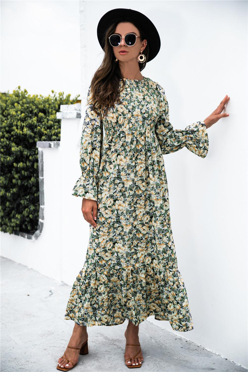 Printed Puff Sleeve Ruffle Maxi Dress - Immenzive