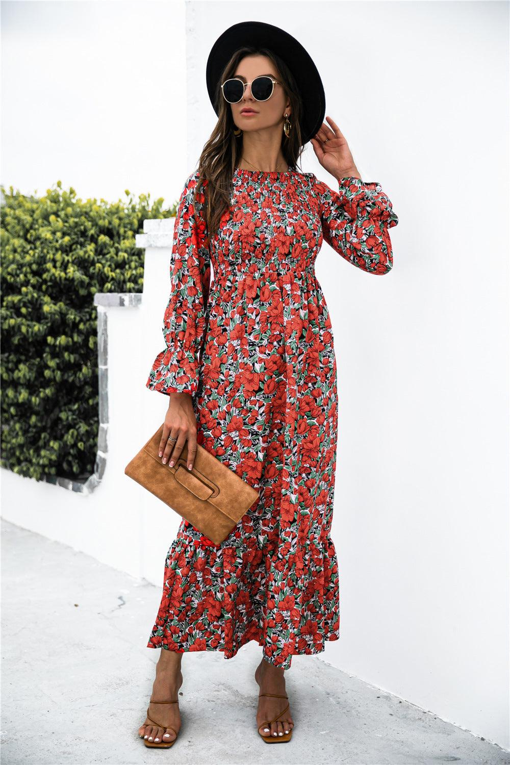 Printed Puff Sleeve Ruffle Maxi Dress - Immenzive