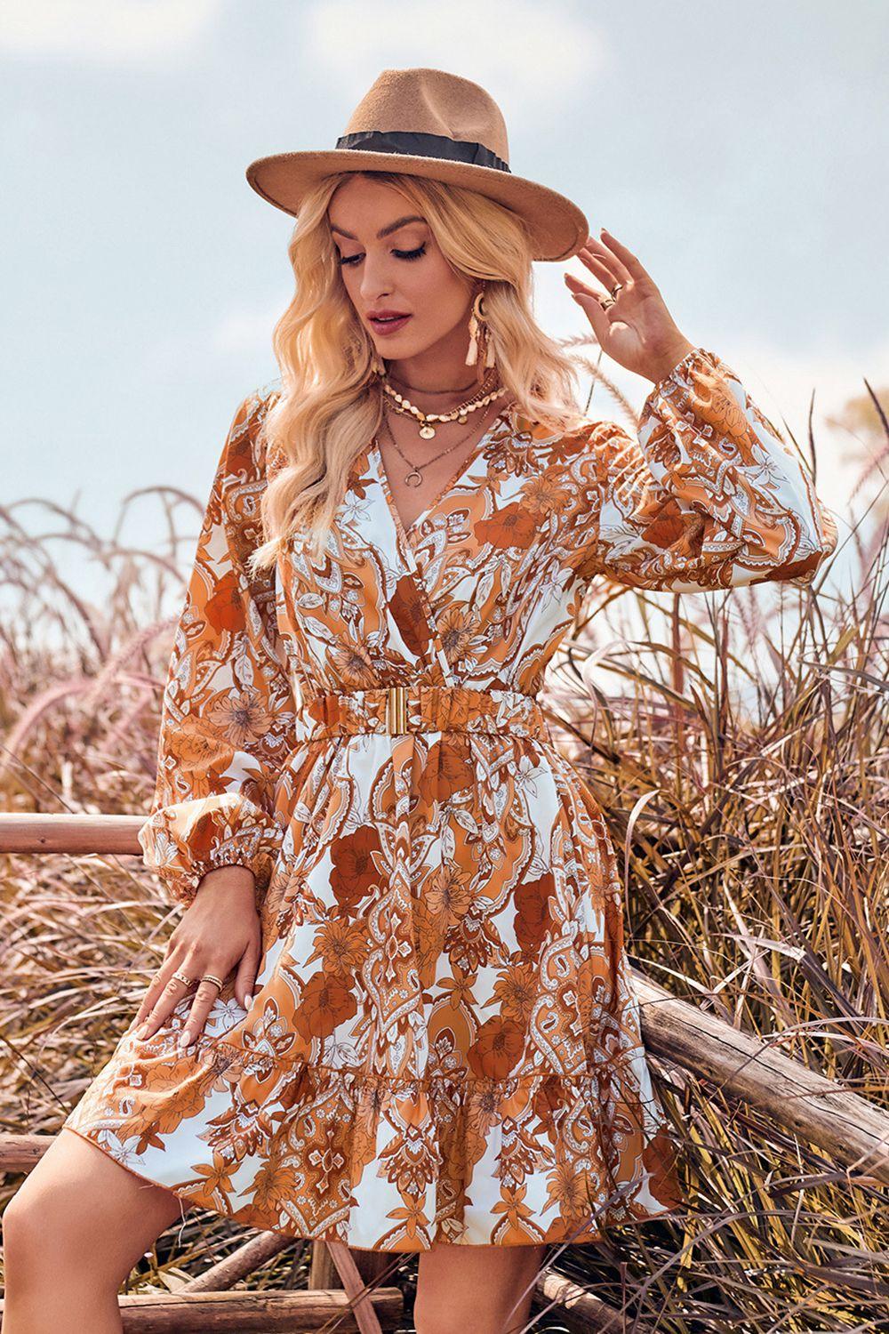 Printed Surplice Neck Long Sleeve Dress - Immenzive