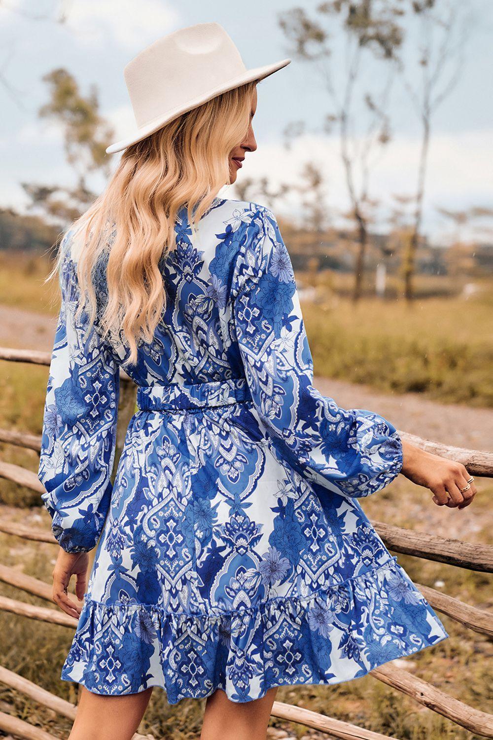 Printed Surplice Neck Long Sleeve Dress - Immenzive