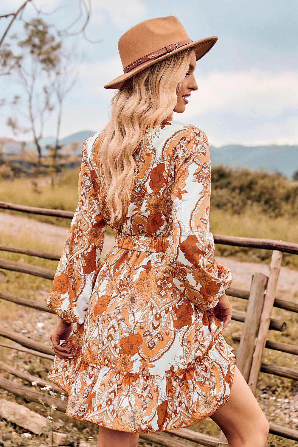 Printed Surplice Neck Long Sleeve Dress - Immenzive