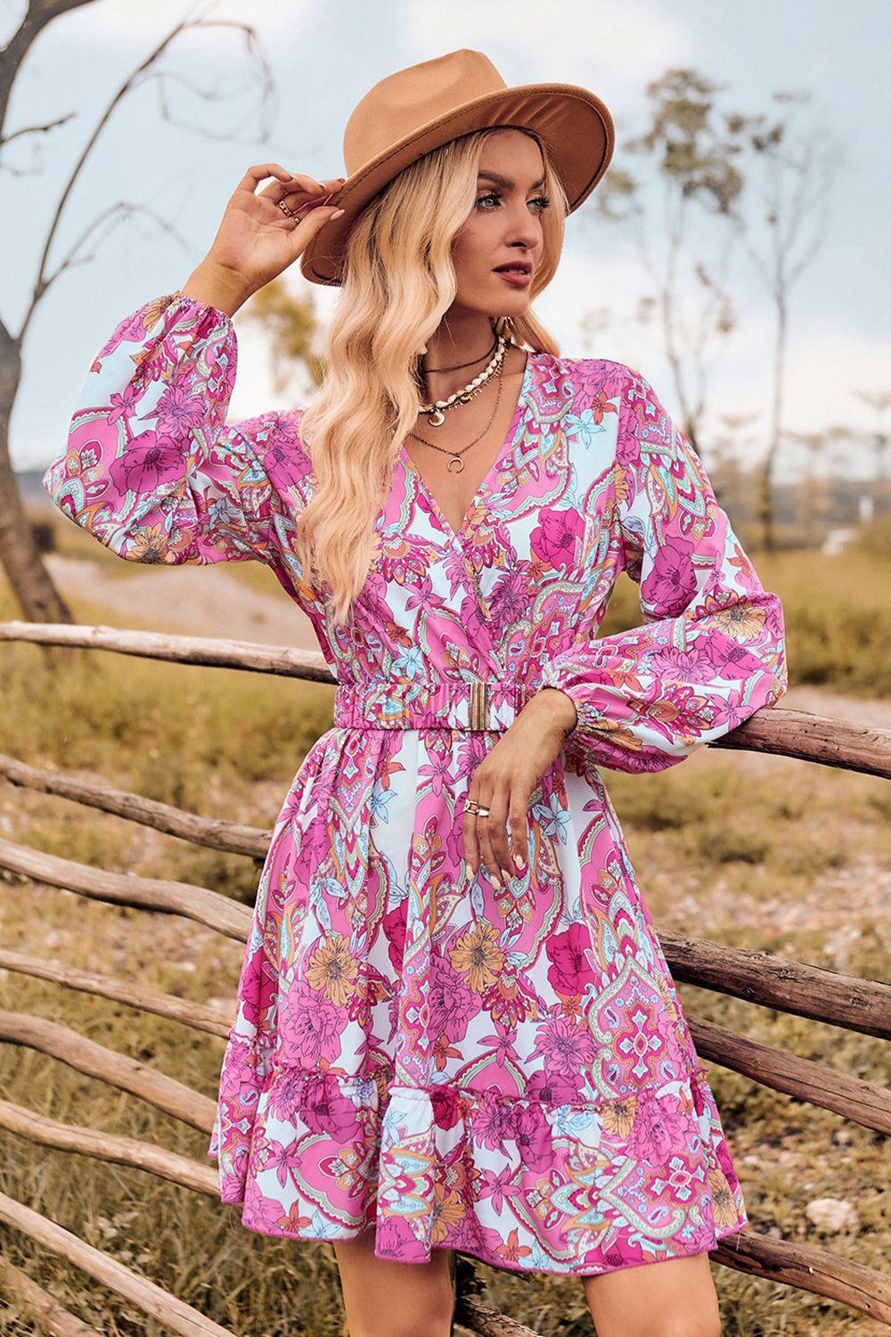 Printed Surplice Neck Long Sleeve Dress - Immenzive