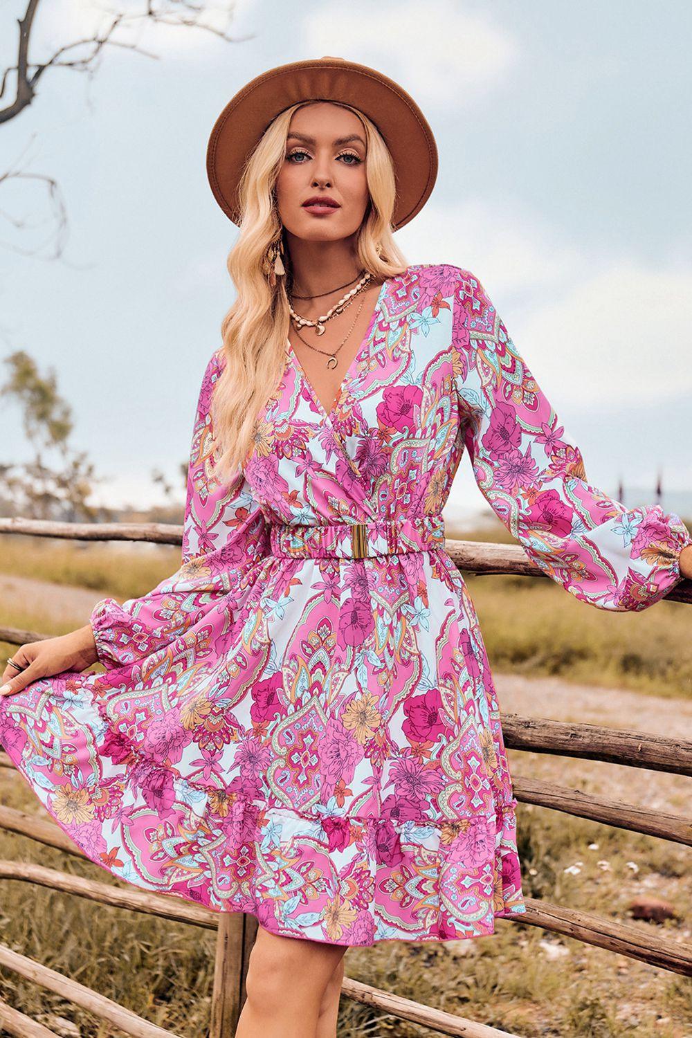 Printed Surplice Neck Long Sleeve Dress - Immenzive