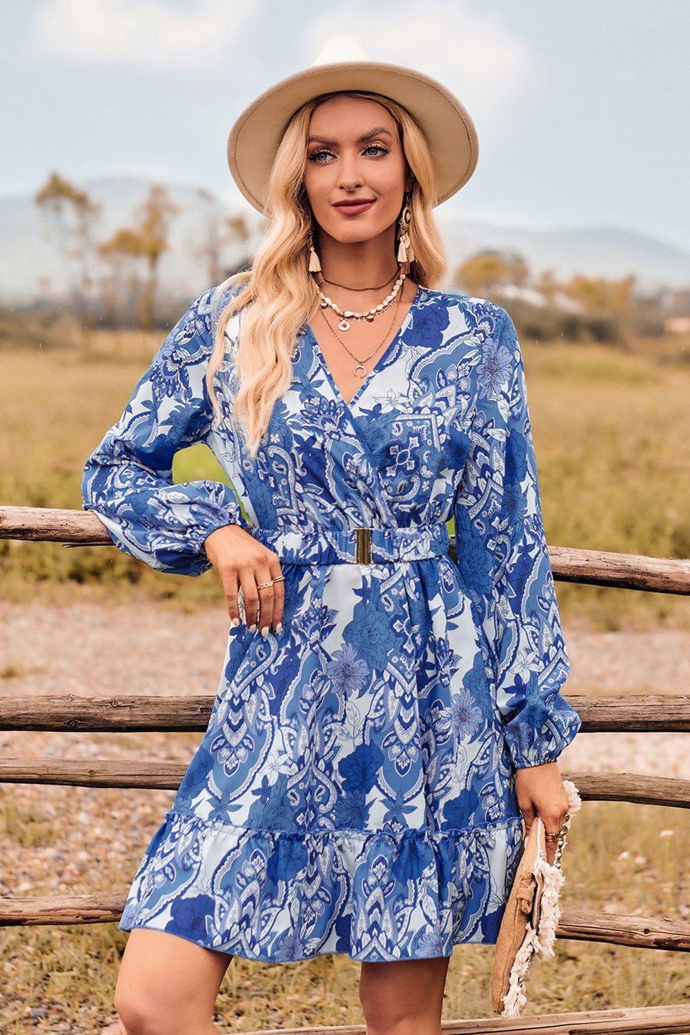 Printed Surplice Neck Long Sleeve Dress - Immenzive