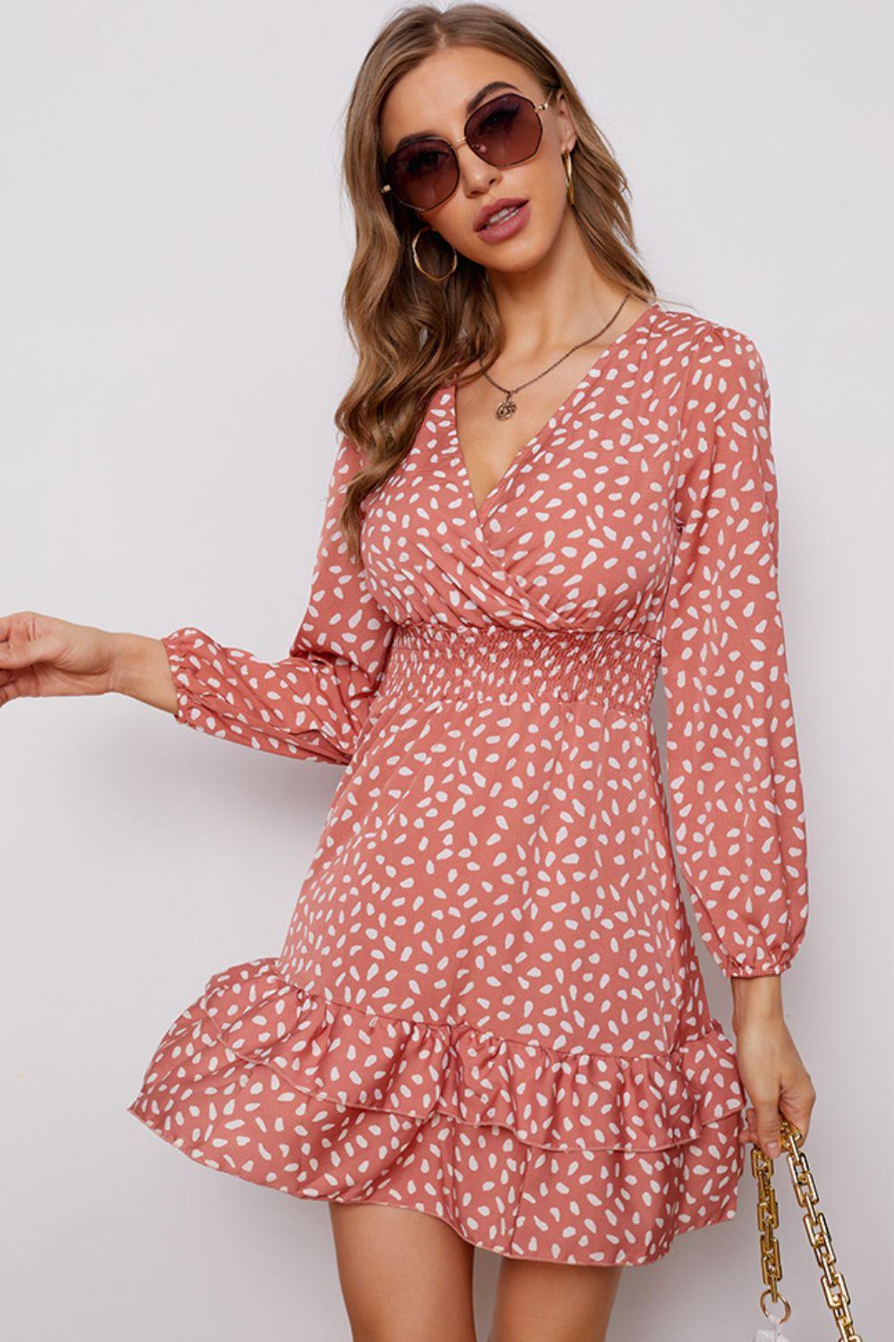 Printed Surplice Neck Puff Sleeve Ruffle Hem Dress - Immenzive