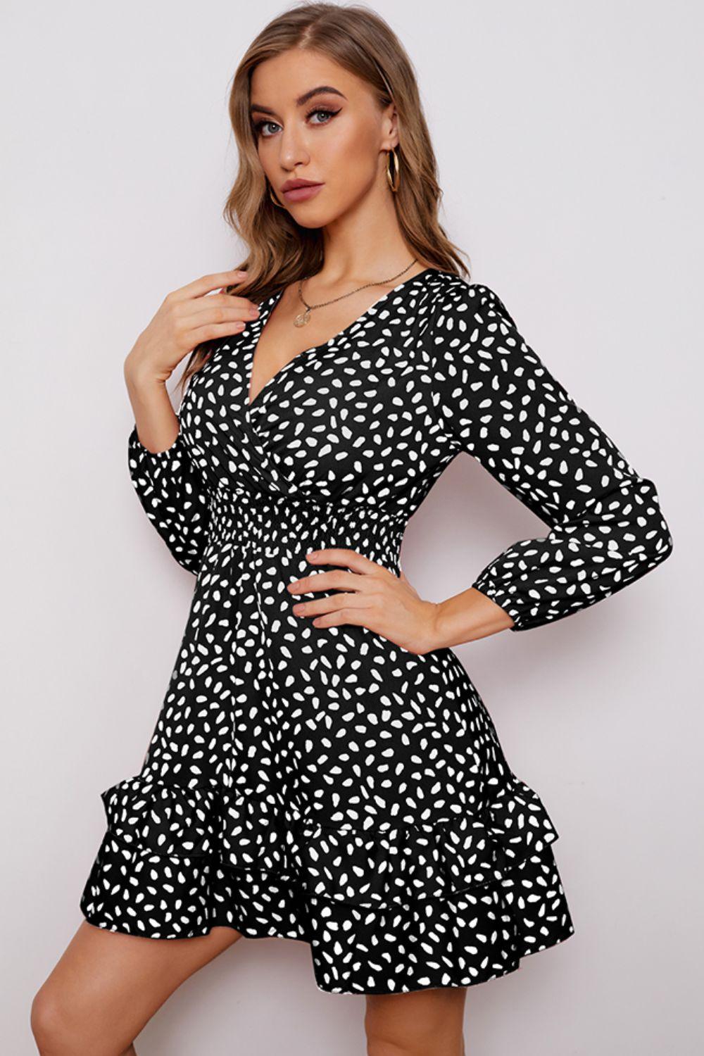 Printed Surplice Neck Puff Sleeve Ruffle Hem Dress - Immenzive