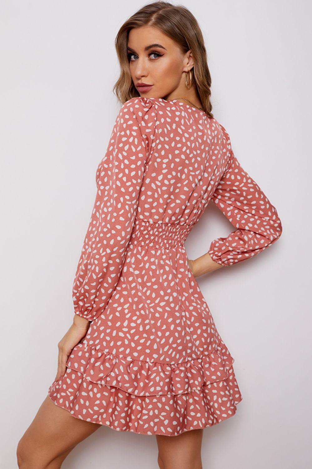 Printed Surplice Neck Puff Sleeve Ruffle Hem Dress - Immenzive