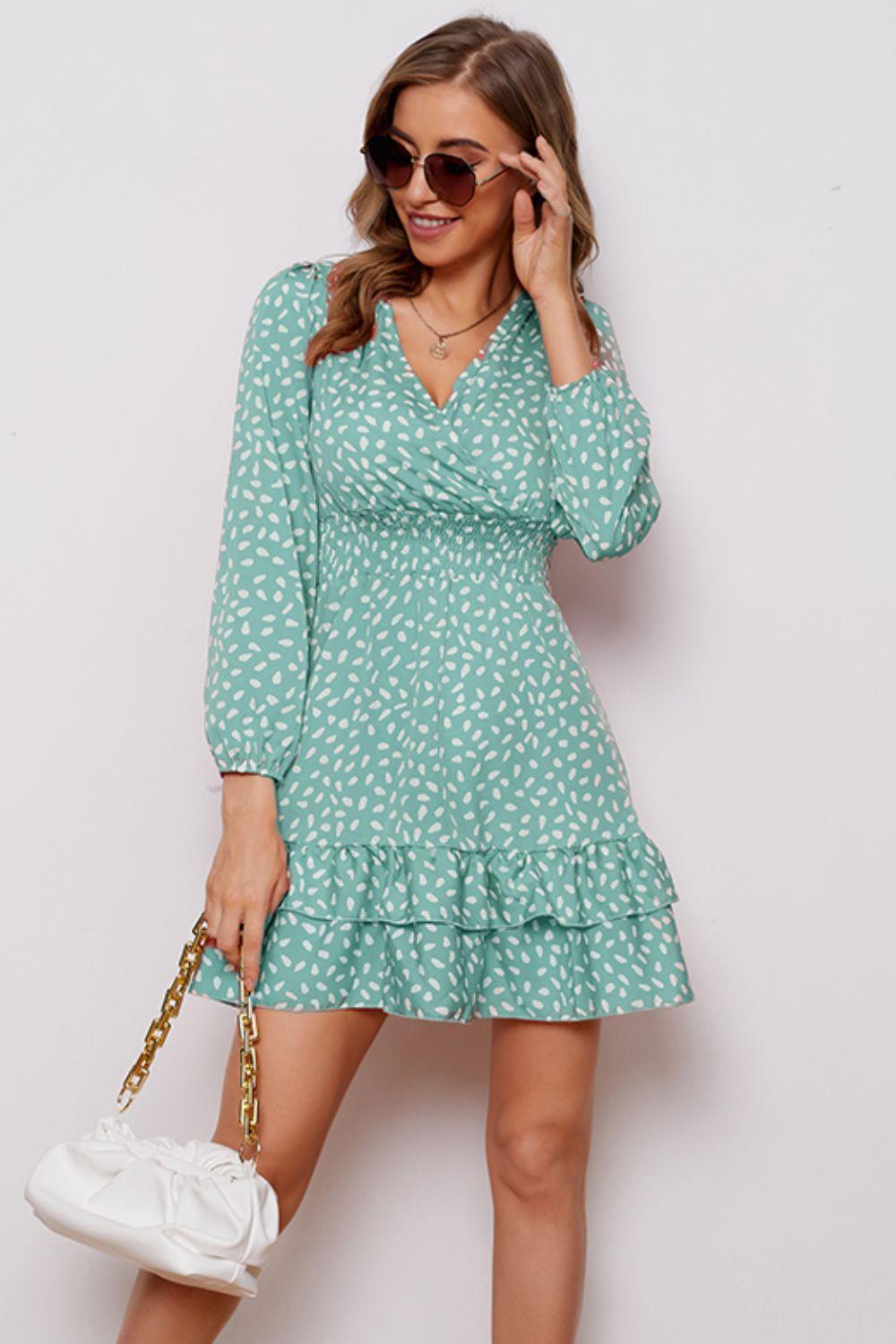 Printed Surplice Neck Puff Sleeve Ruffle Hem Dress - Immenzive