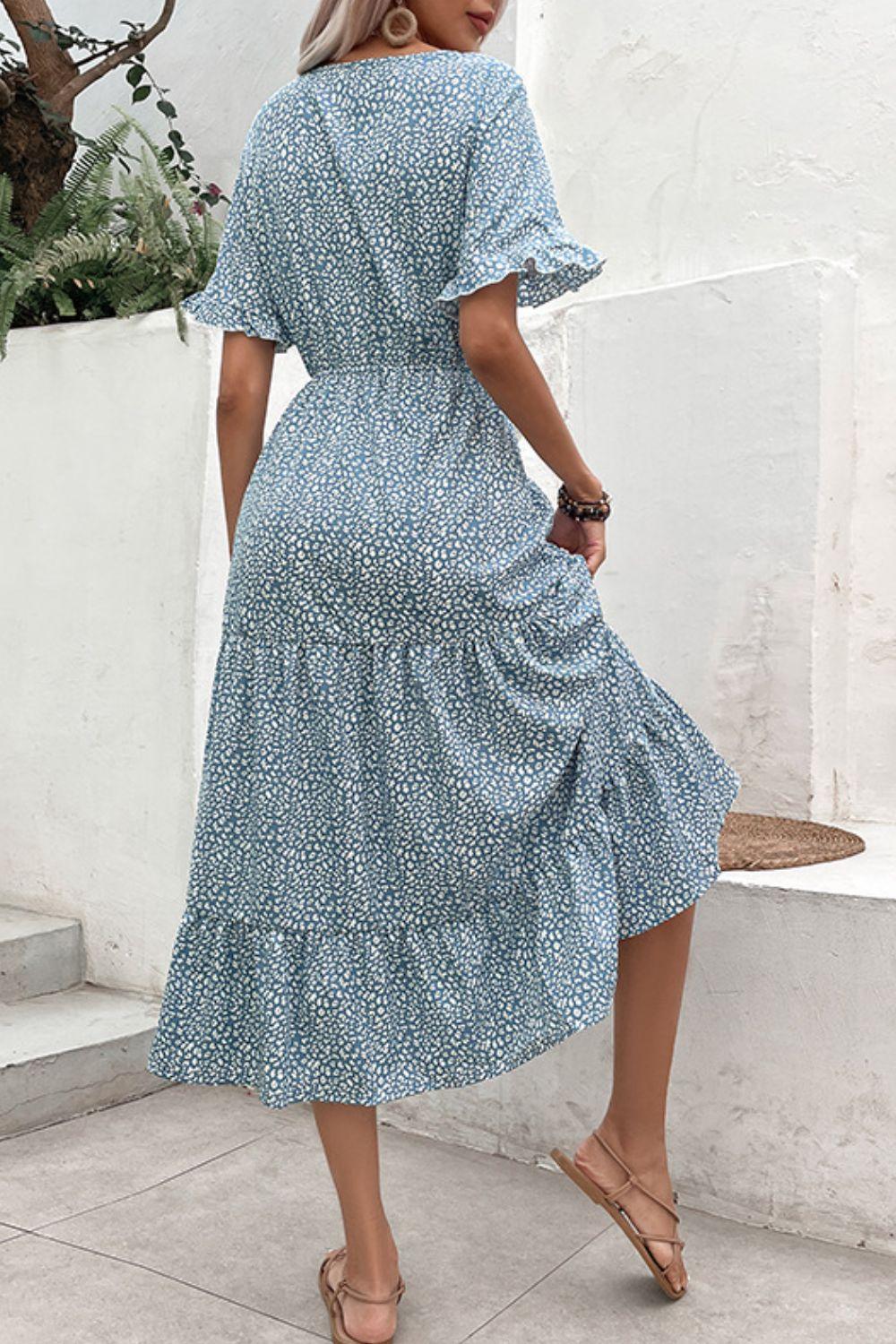 Printed Tassel Tie Flounce Sleeve Dress - Immenzive