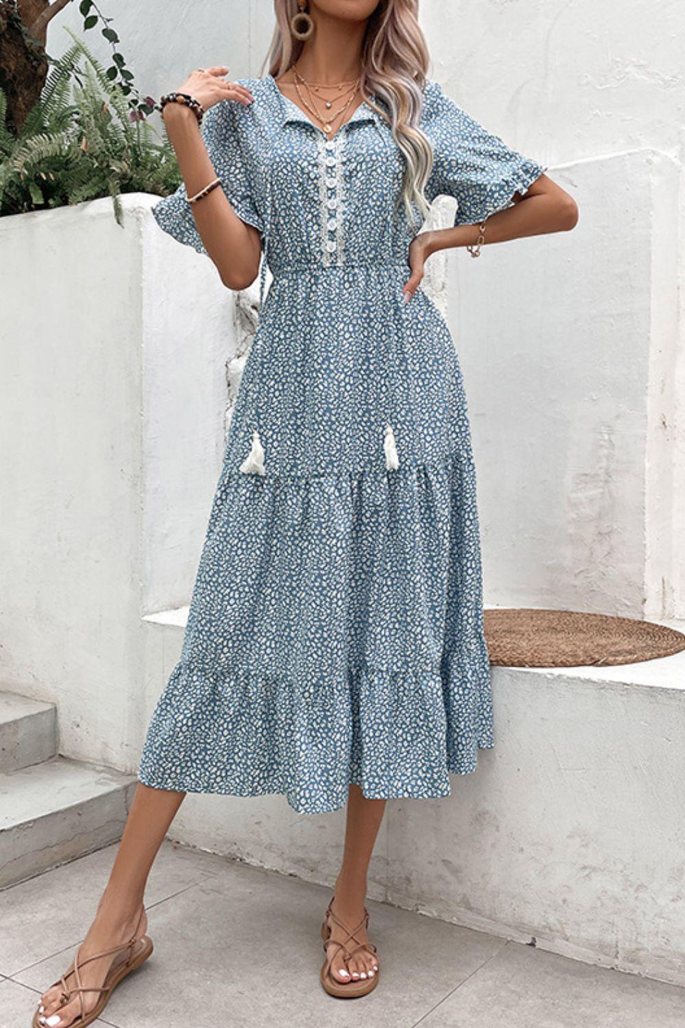 Printed Tassel Tie Flounce Sleeve Dress - Immenzive