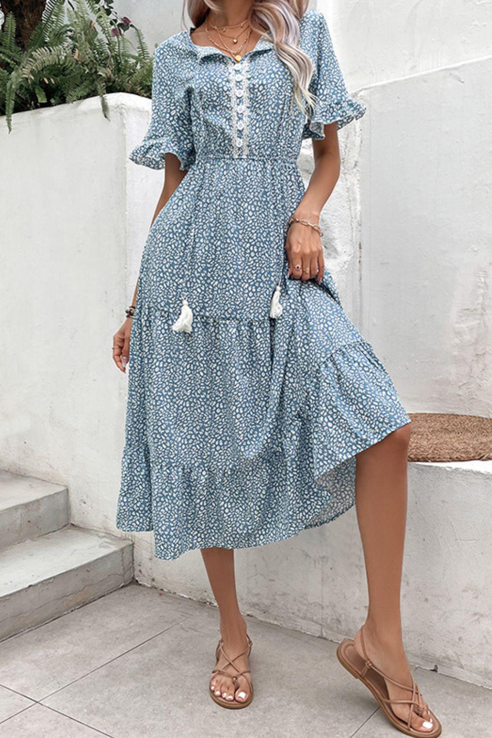 Printed Tassel Tie Flounce Sleeve Dress - Immenzive