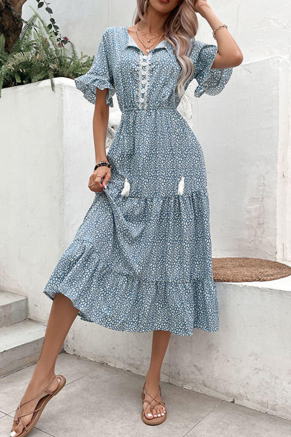 Printed Tassel Tie Flounce Sleeve Dress - Immenzive