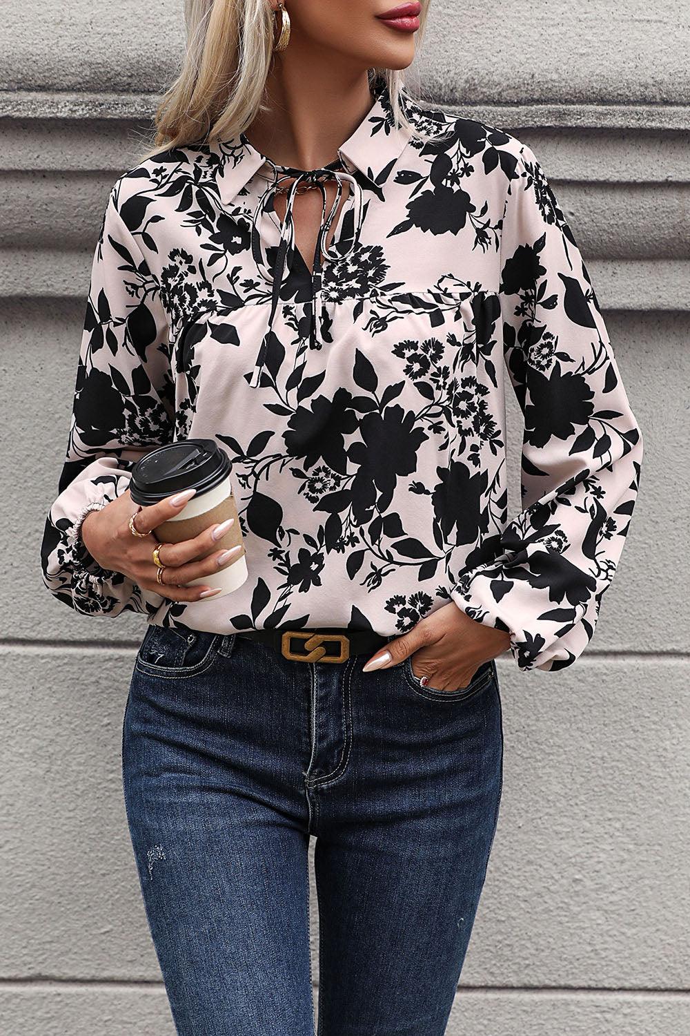 Printed Tie Neck Balloon Sleeve Blouse - Immenzive