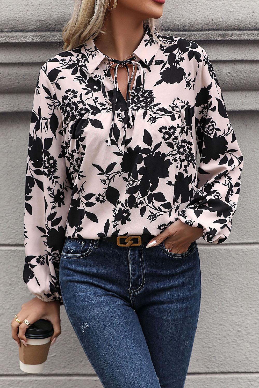 Printed Tie Neck Balloon Sleeve Blouse - Immenzive