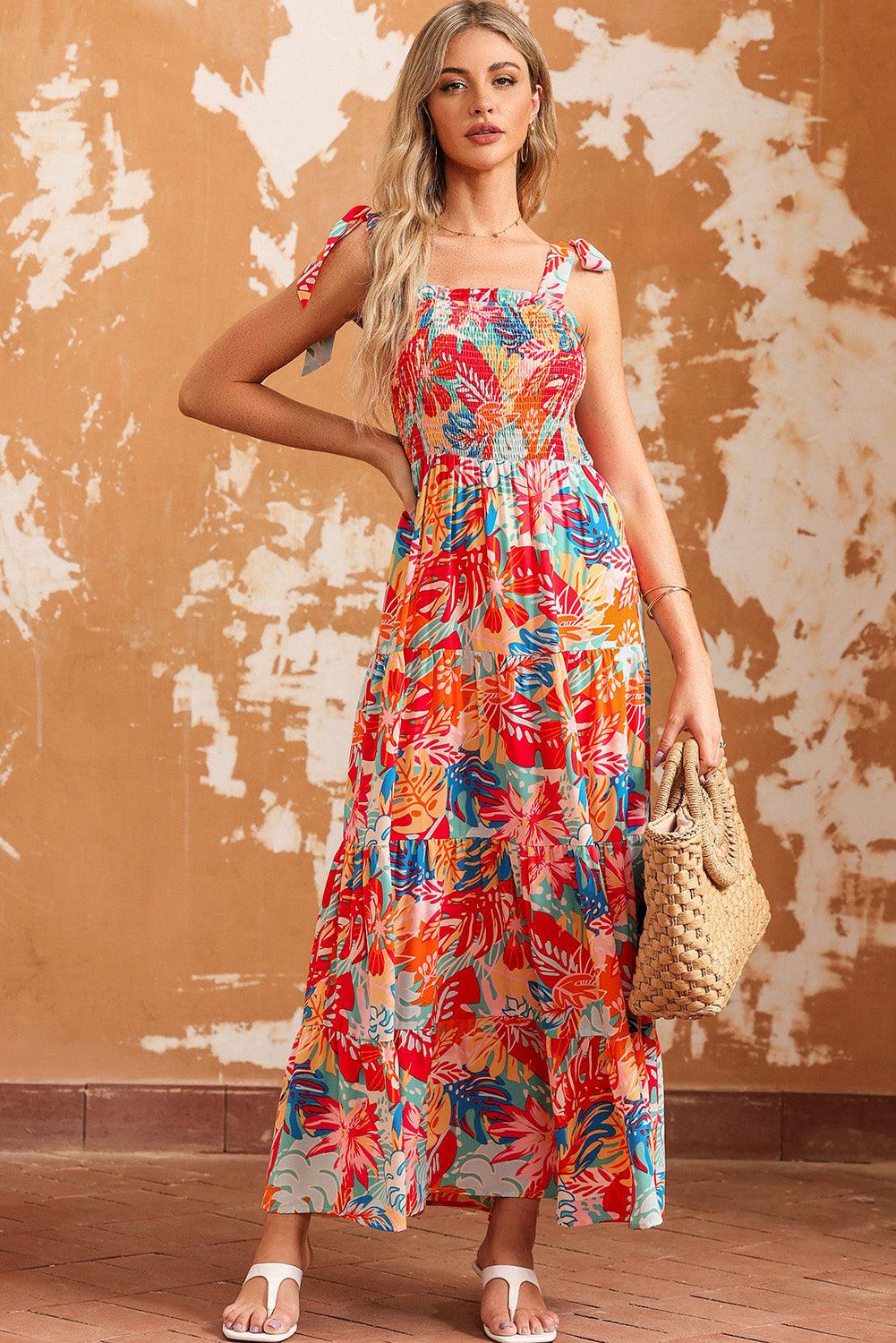 Printed Tie Shoulder Smocked Tiered Maxi Dress - Immenzive